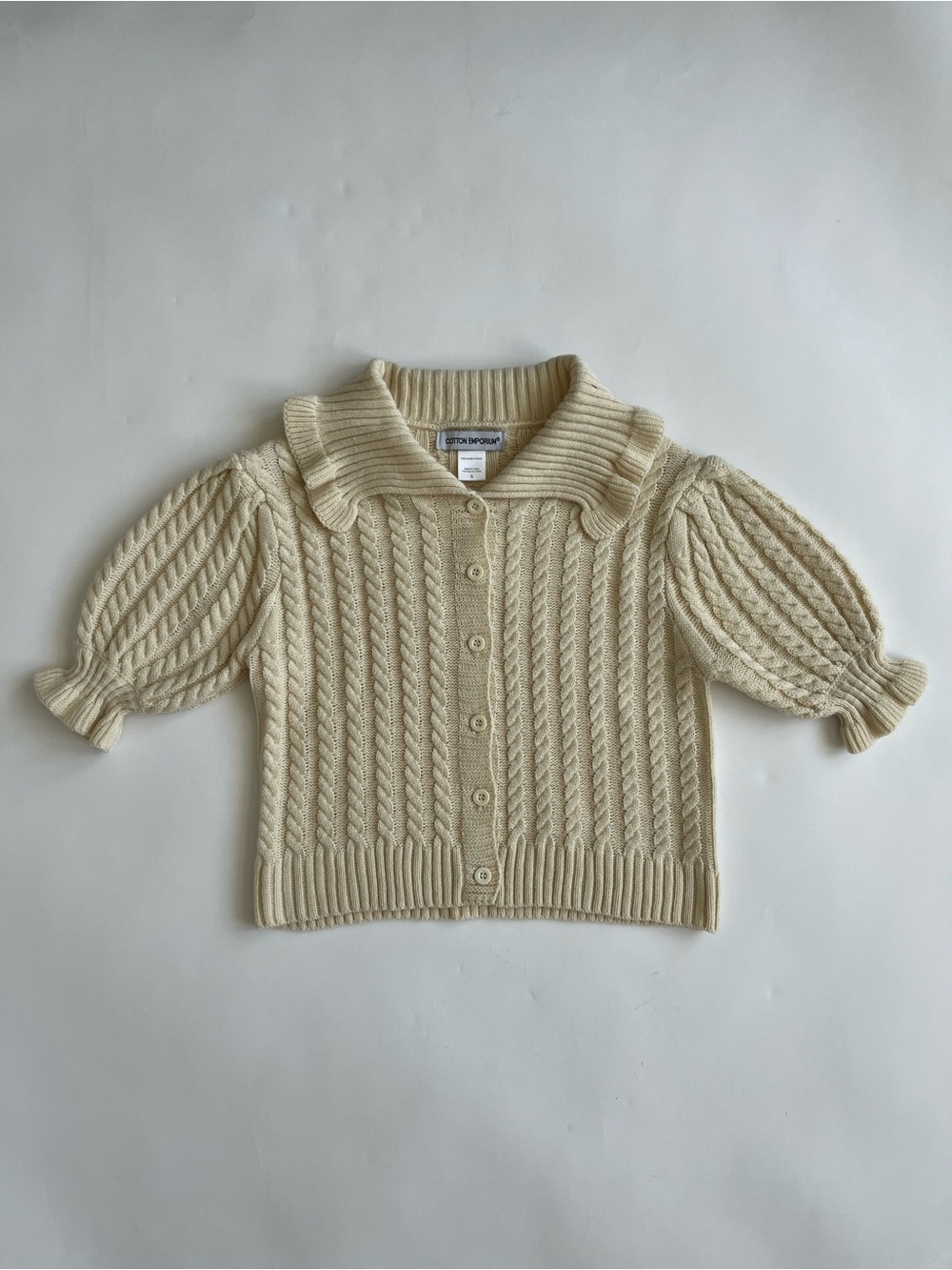 NWT Cotton Emporium Women’s Cream Cable-Knit Puff Sleeve Cardigan